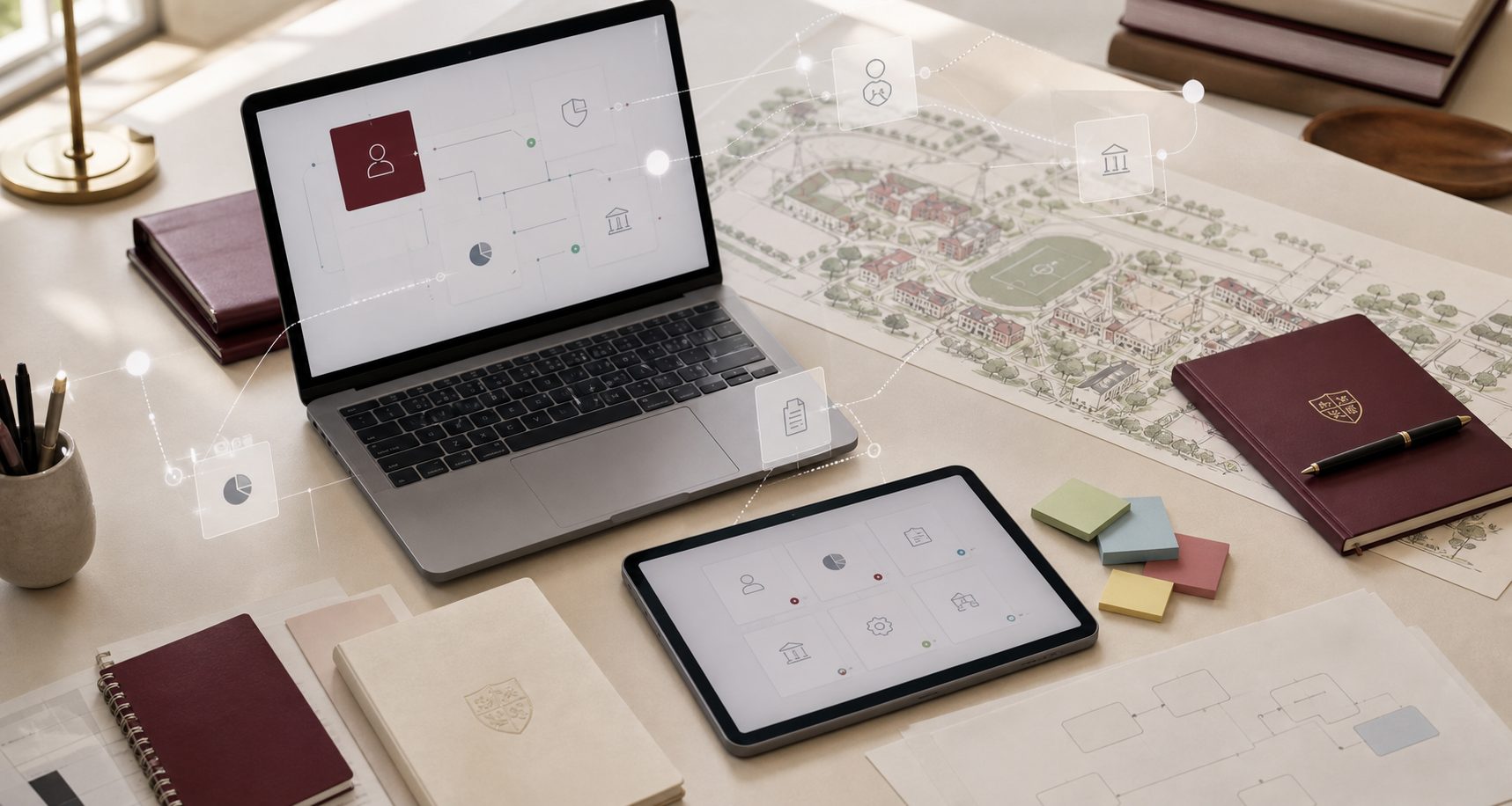 School technology systems, reports, and workflow planning materials arranged across an administrative desk.